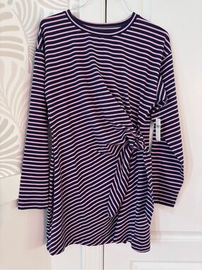 Daily Practice Navy and Pink Striped Tie-Waist Dress